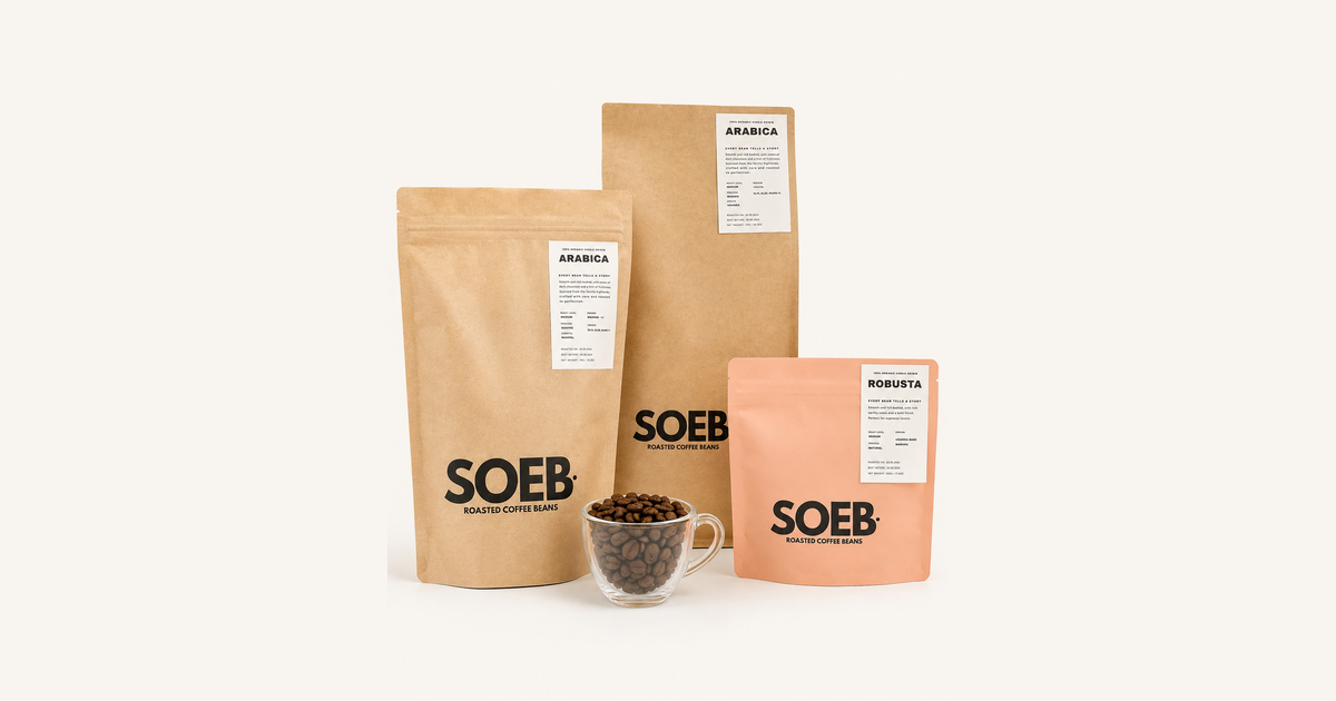 SOEB Mount Elgon Arabica beans being ground for espresso